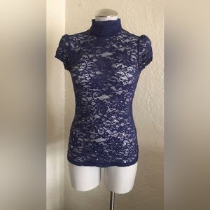 Express Blue Floral Lace Sequin Studded Open Back Mock Neck Top